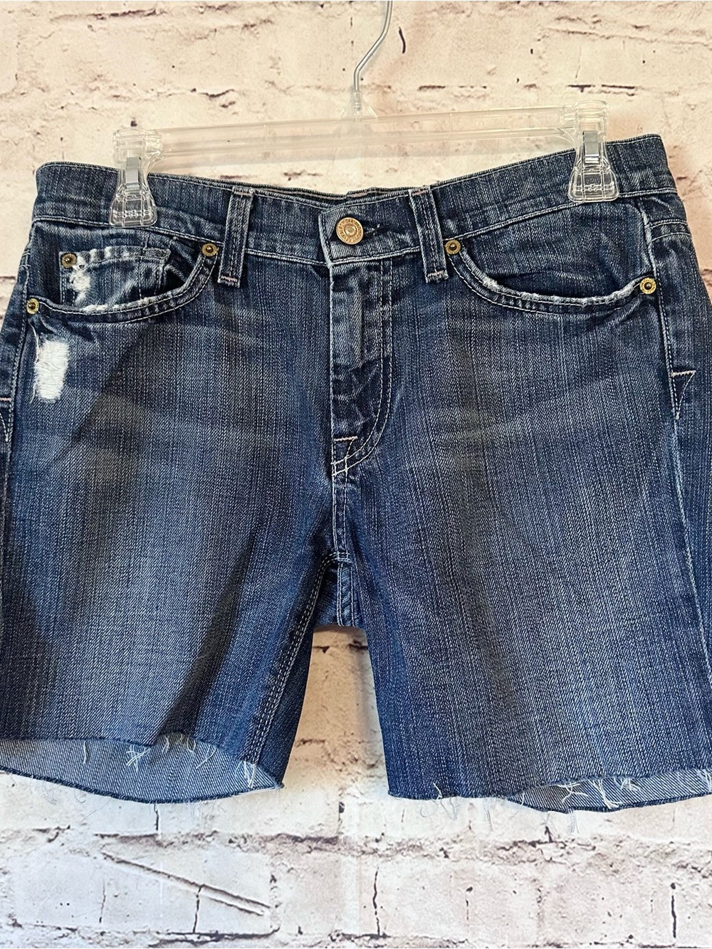 7 For All Mankind Dark Blue Distressed Denim Cutoff Shorts
